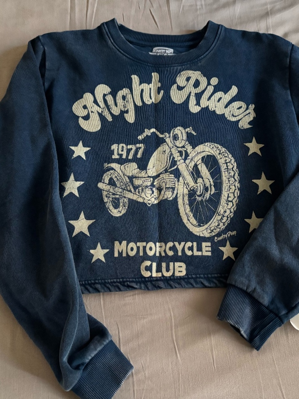 NWT Spirit Riders Motorcycle Club Cropped Crewneck Sweatshirt Navy Blue | Vintag